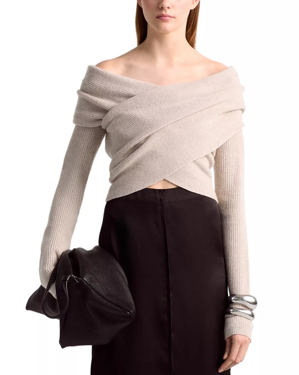 Altuzarra Women Ivory Wool Knit Mimi Off-the-Shoulder Front Cross Sweater Size M